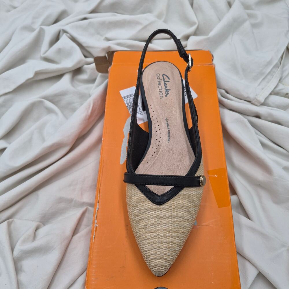 NEW Clarks Natalyn Sling Pointed Toe Flats Natural Raffia & Black women SZ 10 W - Picture 3 of 10